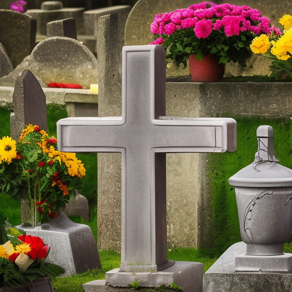 Krzyże, tablice nagrobne, kwiaty, znicze, donice, figury religijne, ławki, ogrodzenia